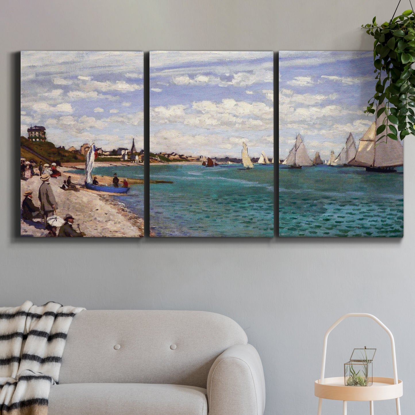 Three-panel canvas wall art featuring river basin with boats, displayed in a modern living room above a sofa.