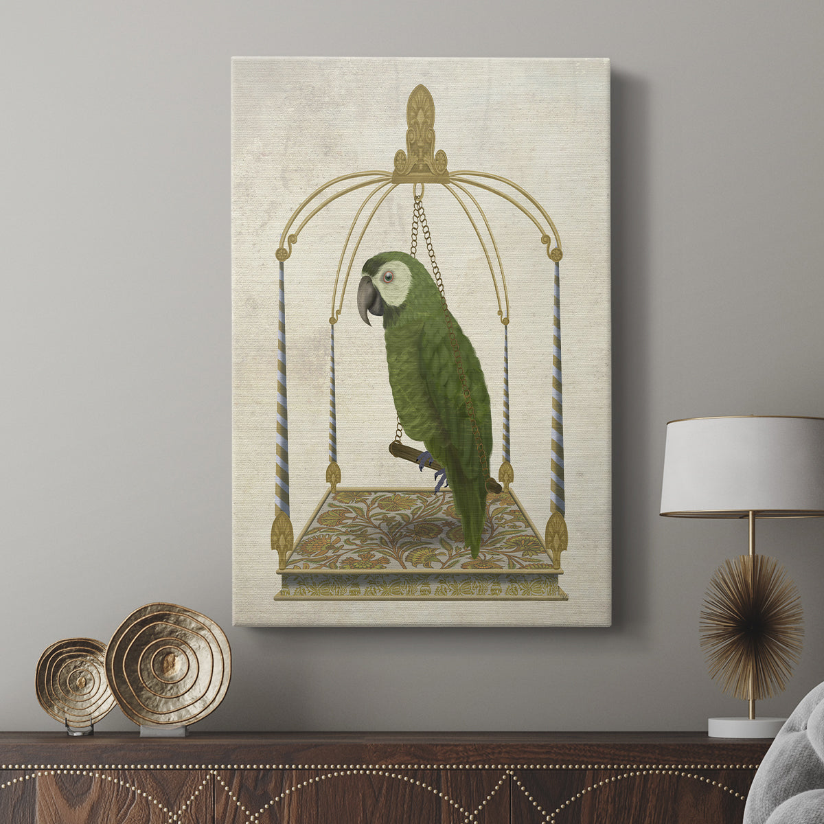 Green Parrot on Swing - Canvas Art Print