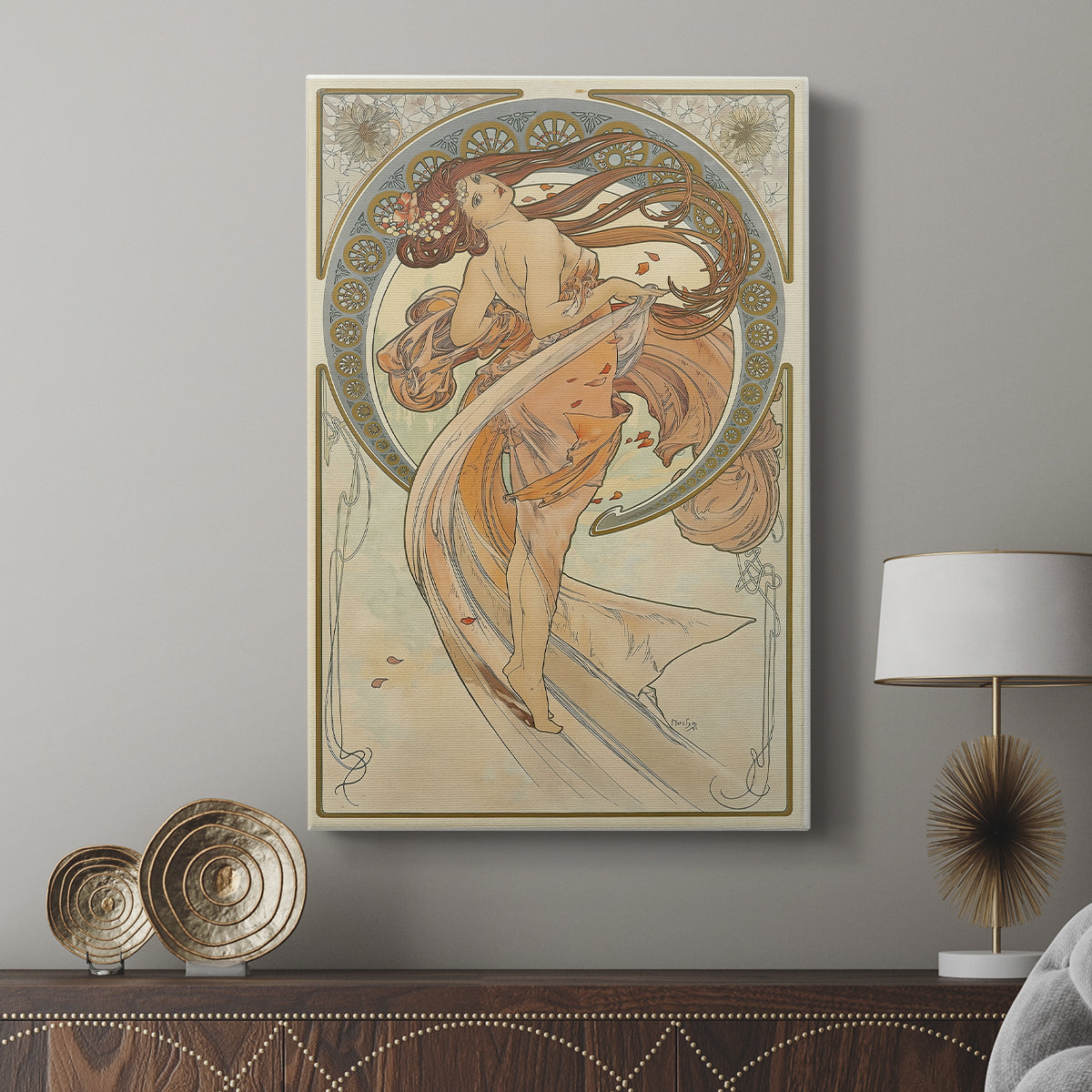 Canvas art print featuring a decorative portrait with soft tones and rhythmic composition displayed in a modern interior space.