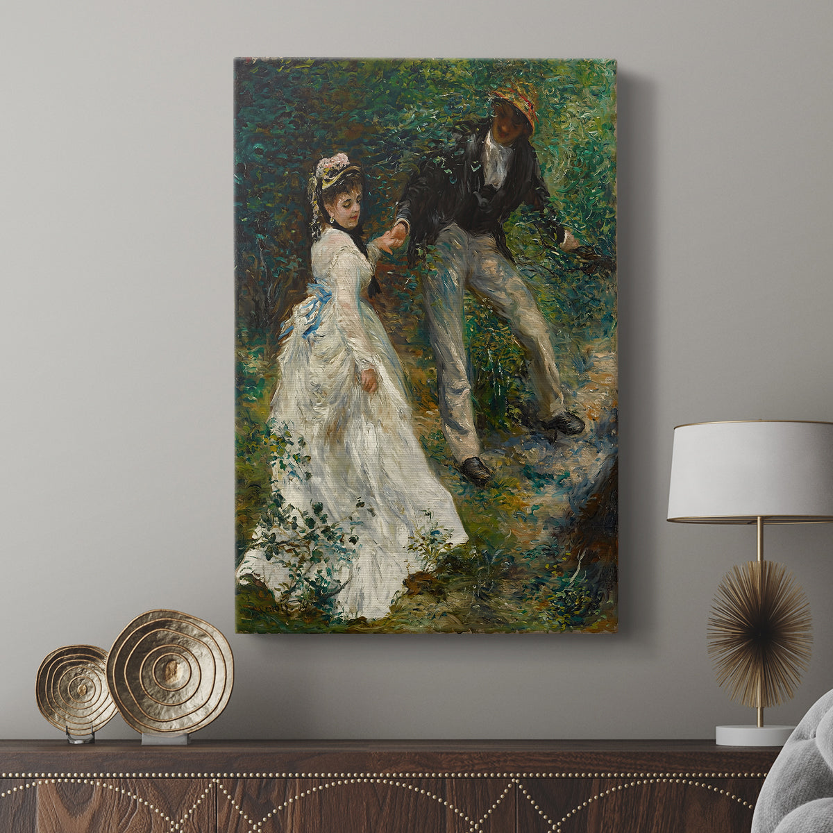 Canvas art print featuring a Romantic outdoor scene with light filtering through trees displayed in a modern interior space.