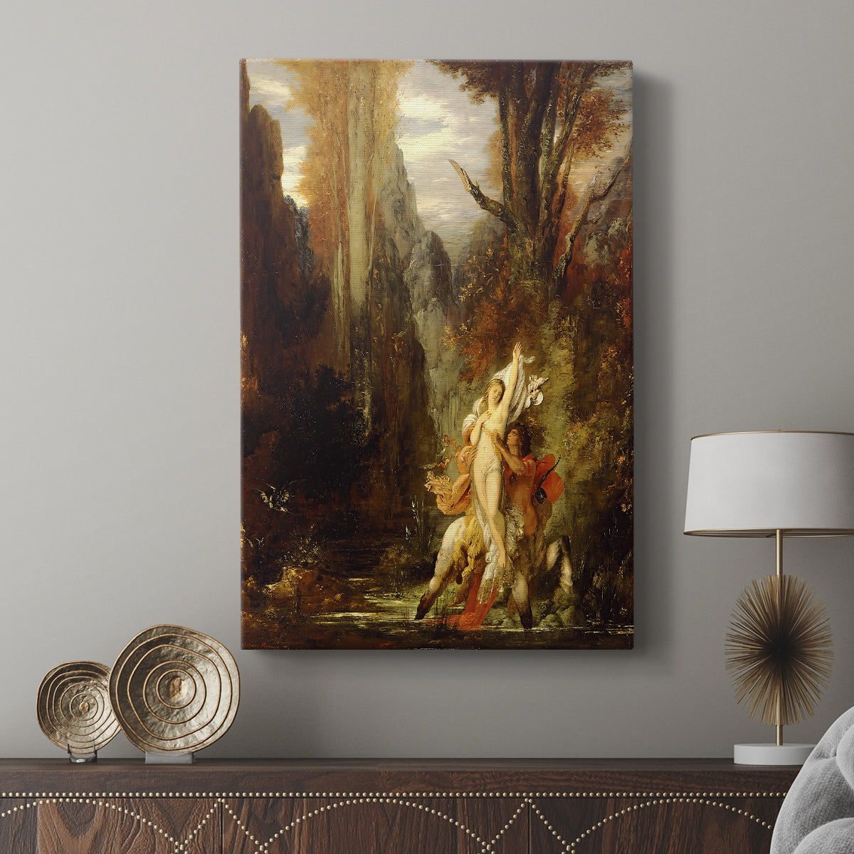 Canvas art print featuring a classical-inspired scene with expressive pose and landscape displayed in a modern interior space.