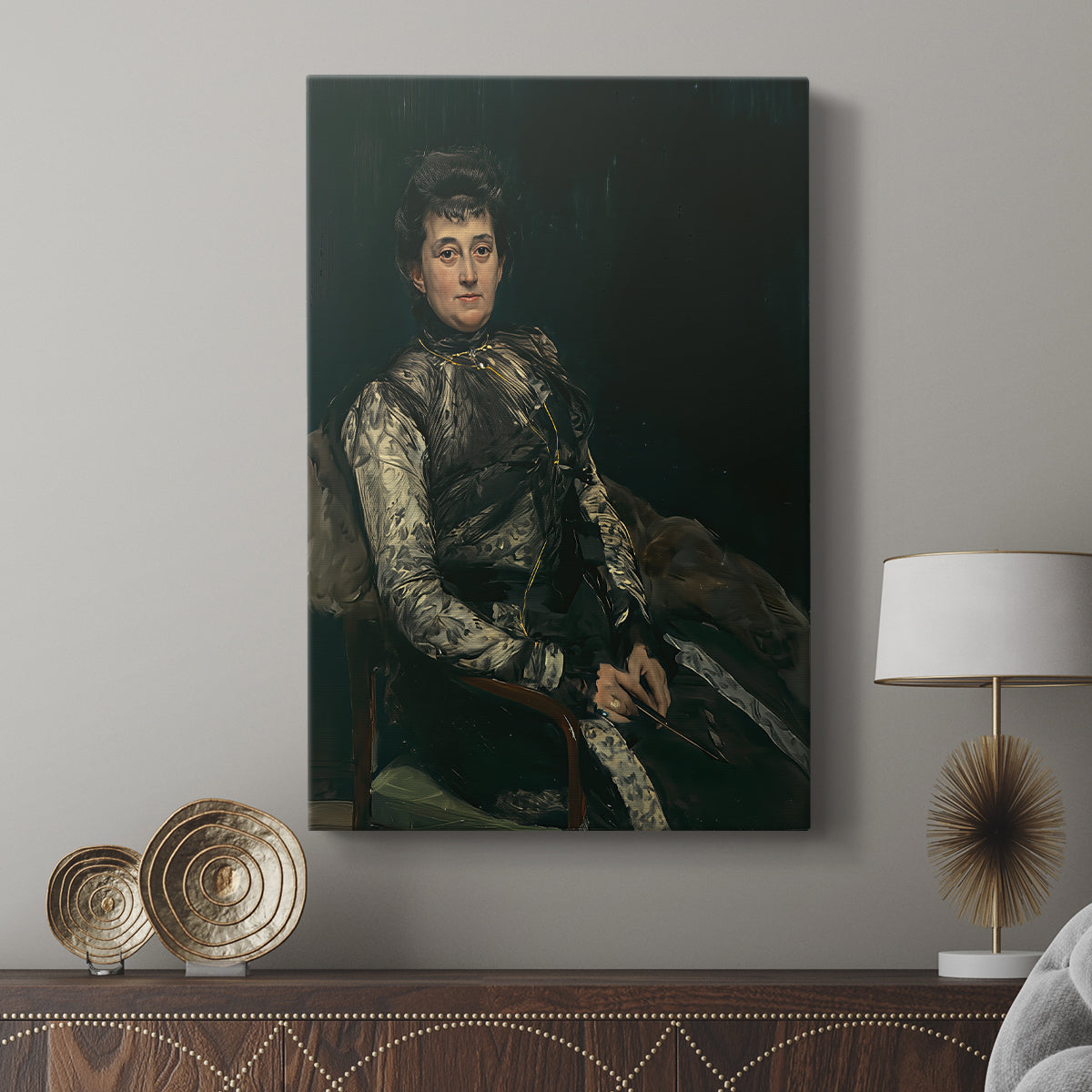 Canvas art print featuring a refined portrait with balanced color and smooth texture displayed in a modern interior space.