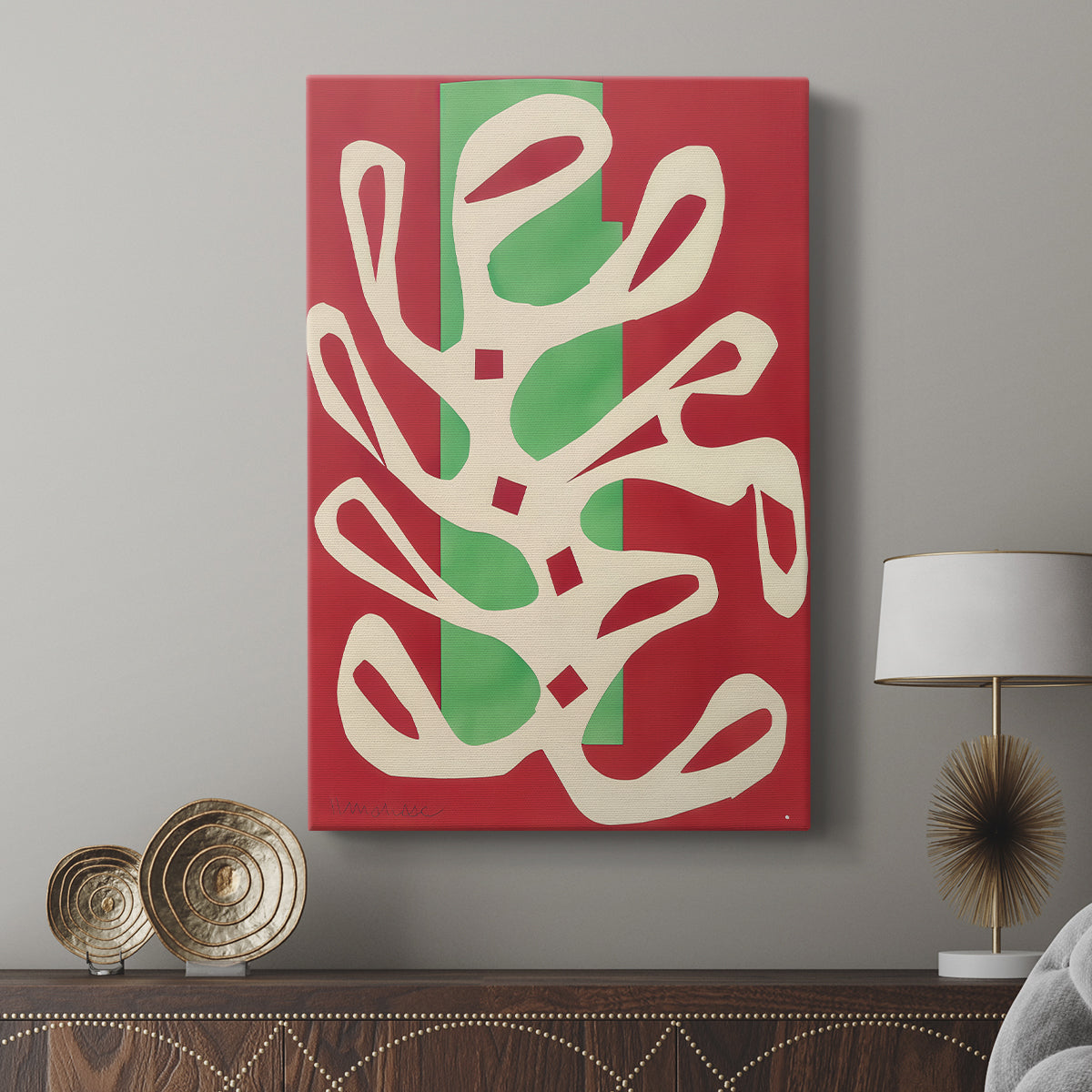 Canvas art print featuring a modern collage-like image with contrasting tones displayed in a modern interior space.
