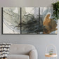 Three-panel canvas wall art featuring dynamic circular abstract motion, displayed in a modern living room above a sofa.