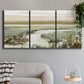 Three-panel canvas wall art featuring pastoral fields under soft sunrise, displayed in a modern living room above a sofa.