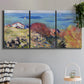 Three-panel canvas wall art featuring coastal village shoreline landscape, displayed in a modern living room above a sofa.