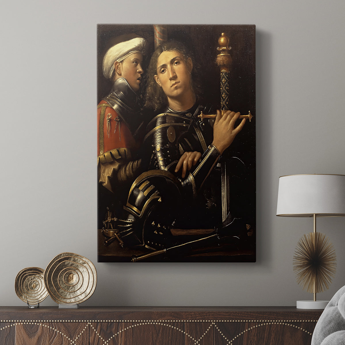 Canvas art print featuring a classical scene with detailed clothing and subtle lighting displayed in a modern interior space.