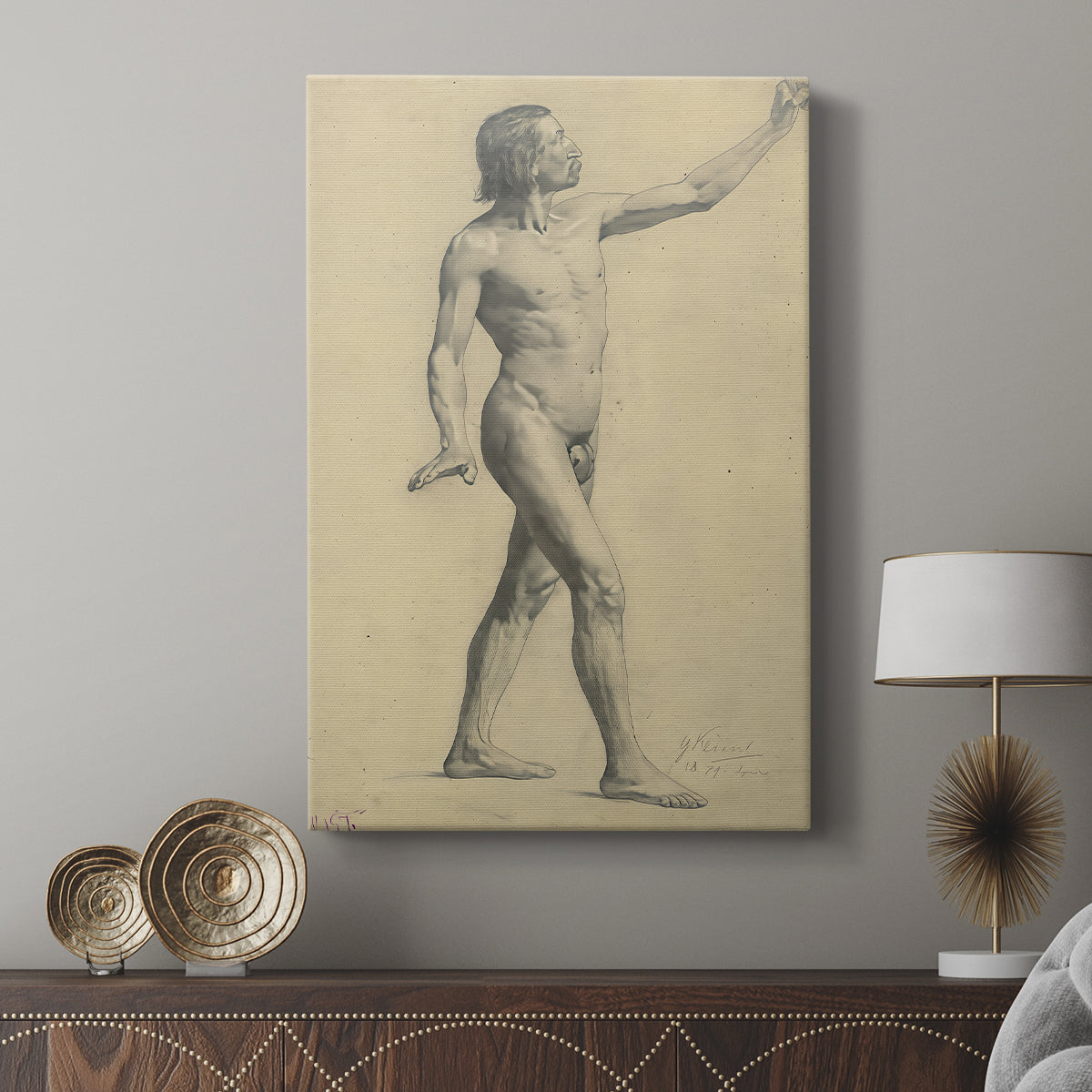 Canvas art print featuring a gestural study with soft shading and natural movement displayed in a modern interior space.