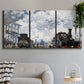 Three-panel canvas wall art featuring playful peach toned floral composition, displayed in a modern living room above a sofa.