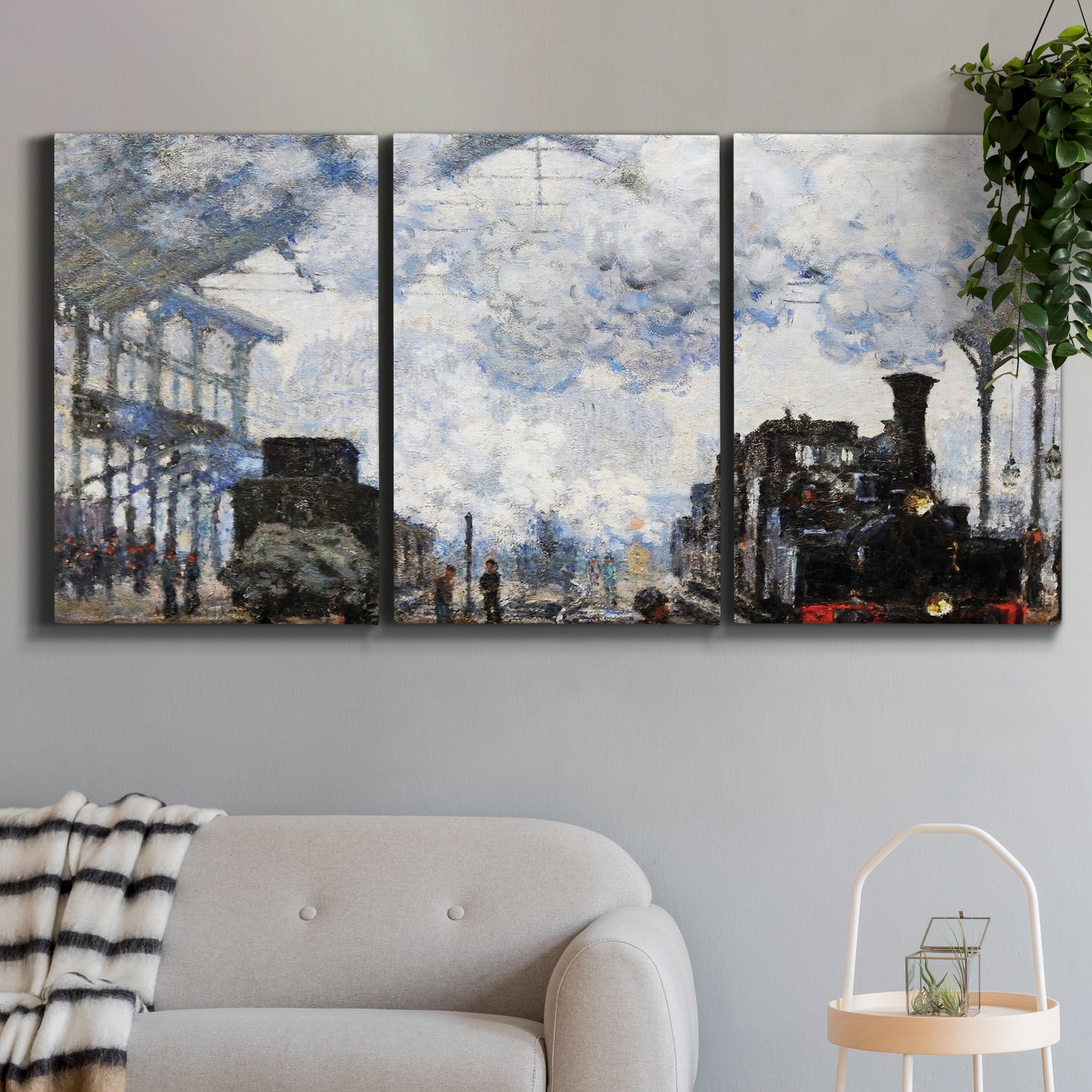 Three-panel canvas wall art featuring playful peach toned floral composition, displayed in a modern living room above a sofa.