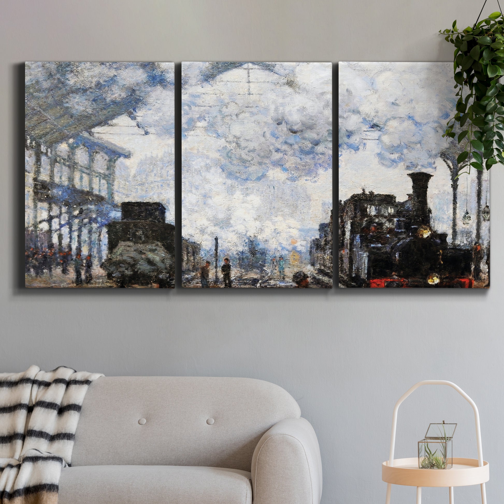 Three-panel canvas wall art featuring playful peach toned floral composition, displayed in a modern living room above a sofa.