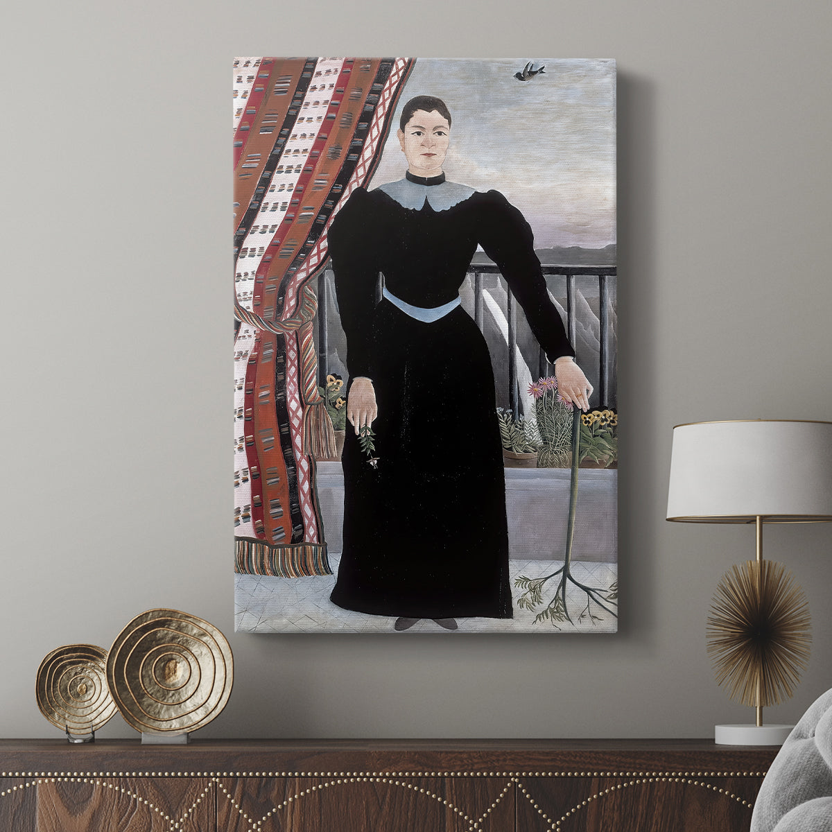 Canvas art print featuring a formal portrait with simplified features and calm expression displayed in a modern interior space.