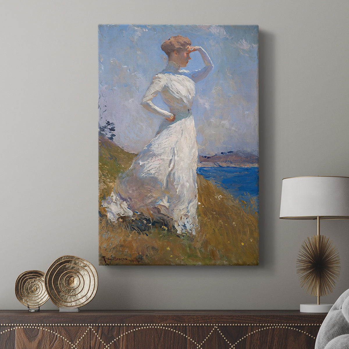 Canvas art print featuring a luminous composition with gentle tones and outdoor setting displayed in a modern interior space.