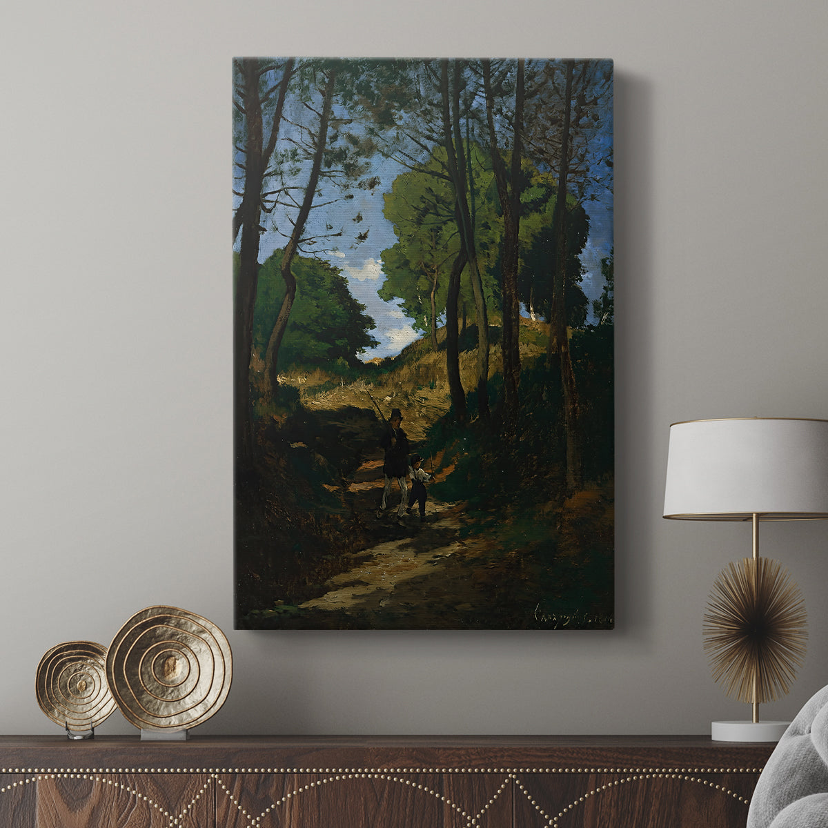 Canvas art print featuring a calm forest view with subtle detail and depth displayed in a modern interior space.