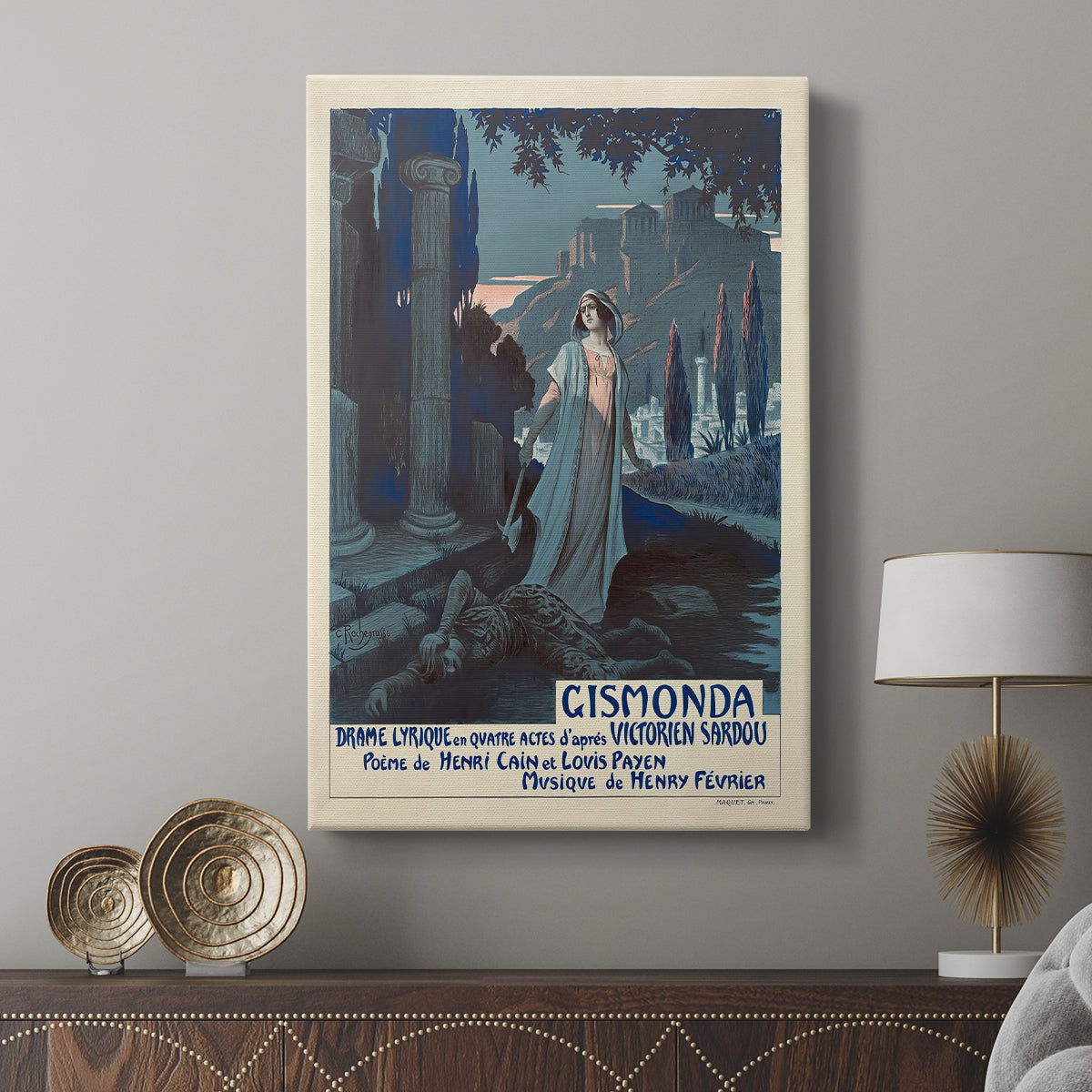 Canvas art print featuring a vintage design with soft tones and refined composition displayed in a modern interior space.