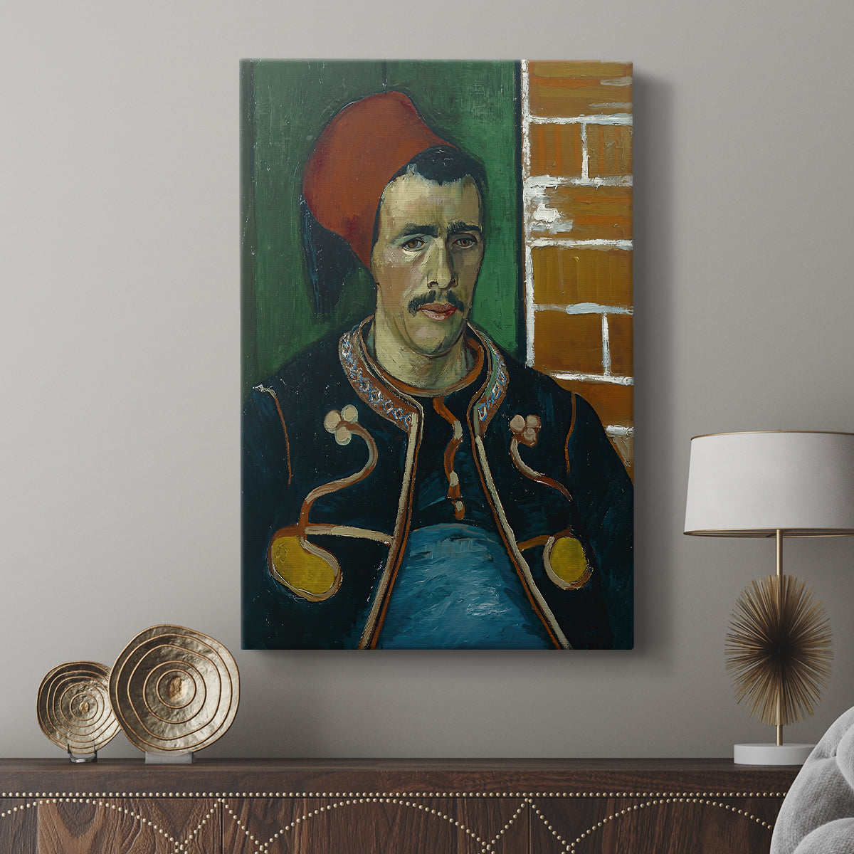 Canvas art print featuring a stylized portrait with energetic brushwork and contrast displayed in a modern interior space.