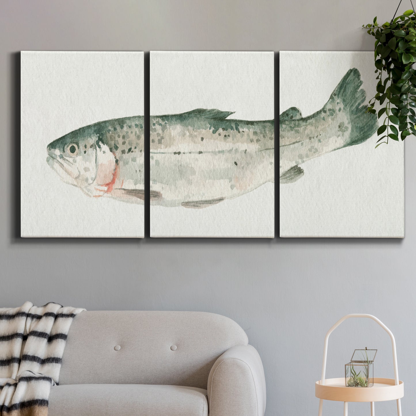 Three-panel canvas wall art featuring watercolor animal portrait, displayed in a modern living room above a sofa.
