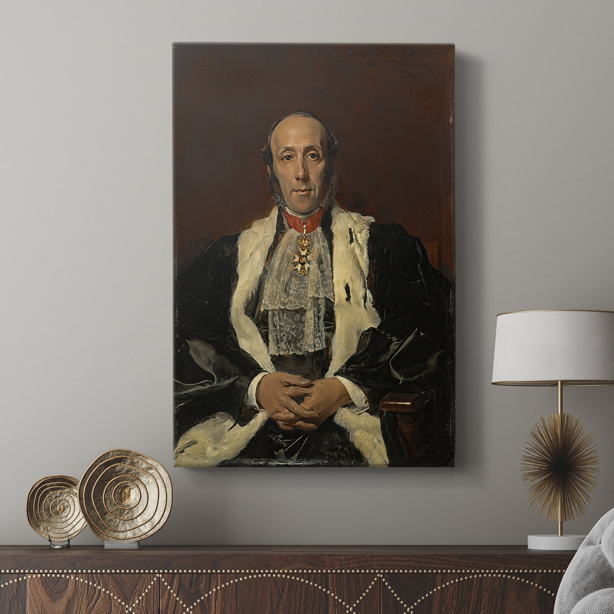 Canvas art print featuring a classic portrait with detailed clothing and subtle expression displayed in a modern interior space.