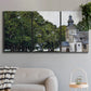 Three-panel canvas wall art featuring chapel building in rural setting, displayed in a modern living room above a sofa.