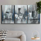 Three-panel canvas wall art featuring urban cityscape rendered in blue tones, displayed in a modern living room above a sofa.
