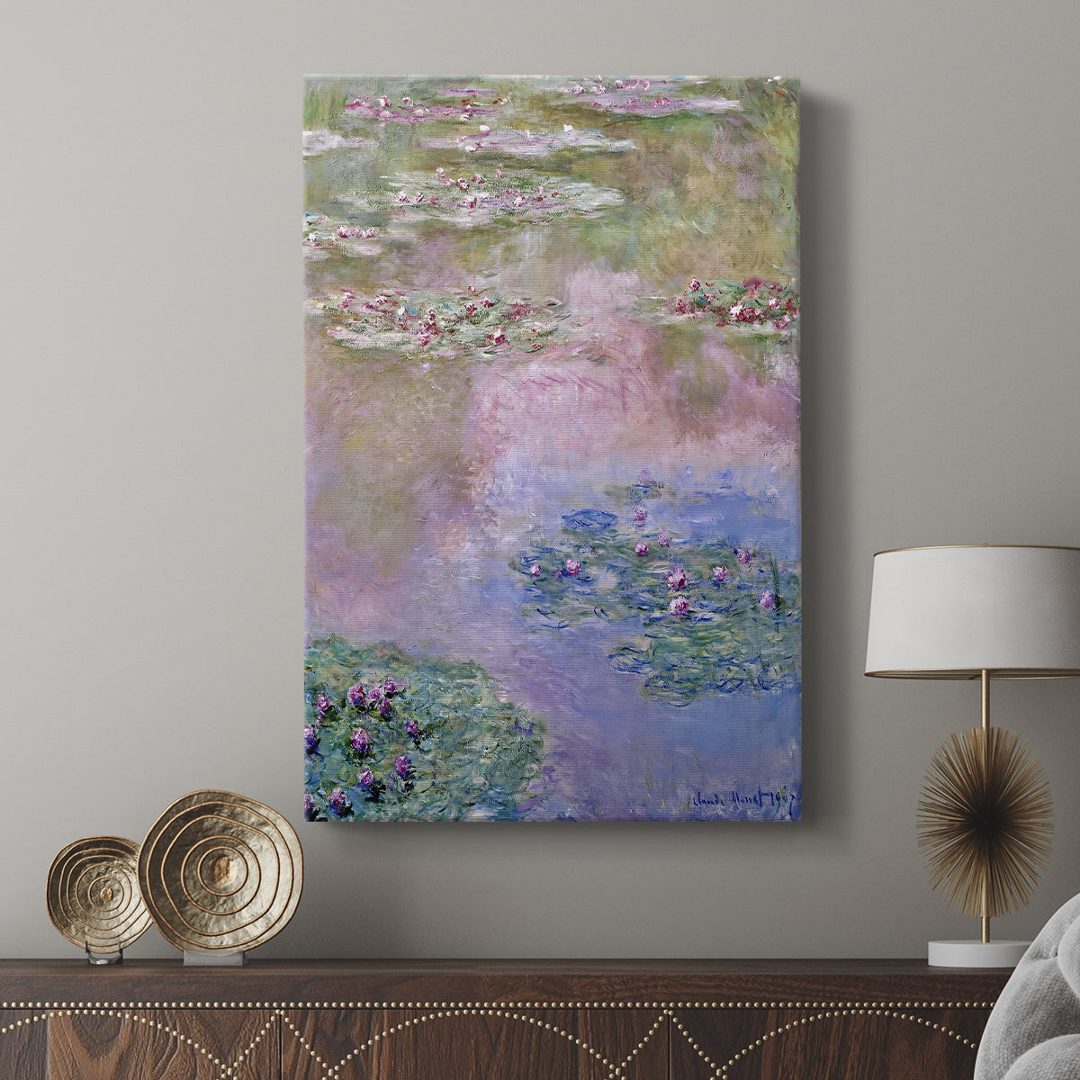 Canvas art print featuring a peaceful water landscape with abstracted floral forms displayed in a modern interior space.