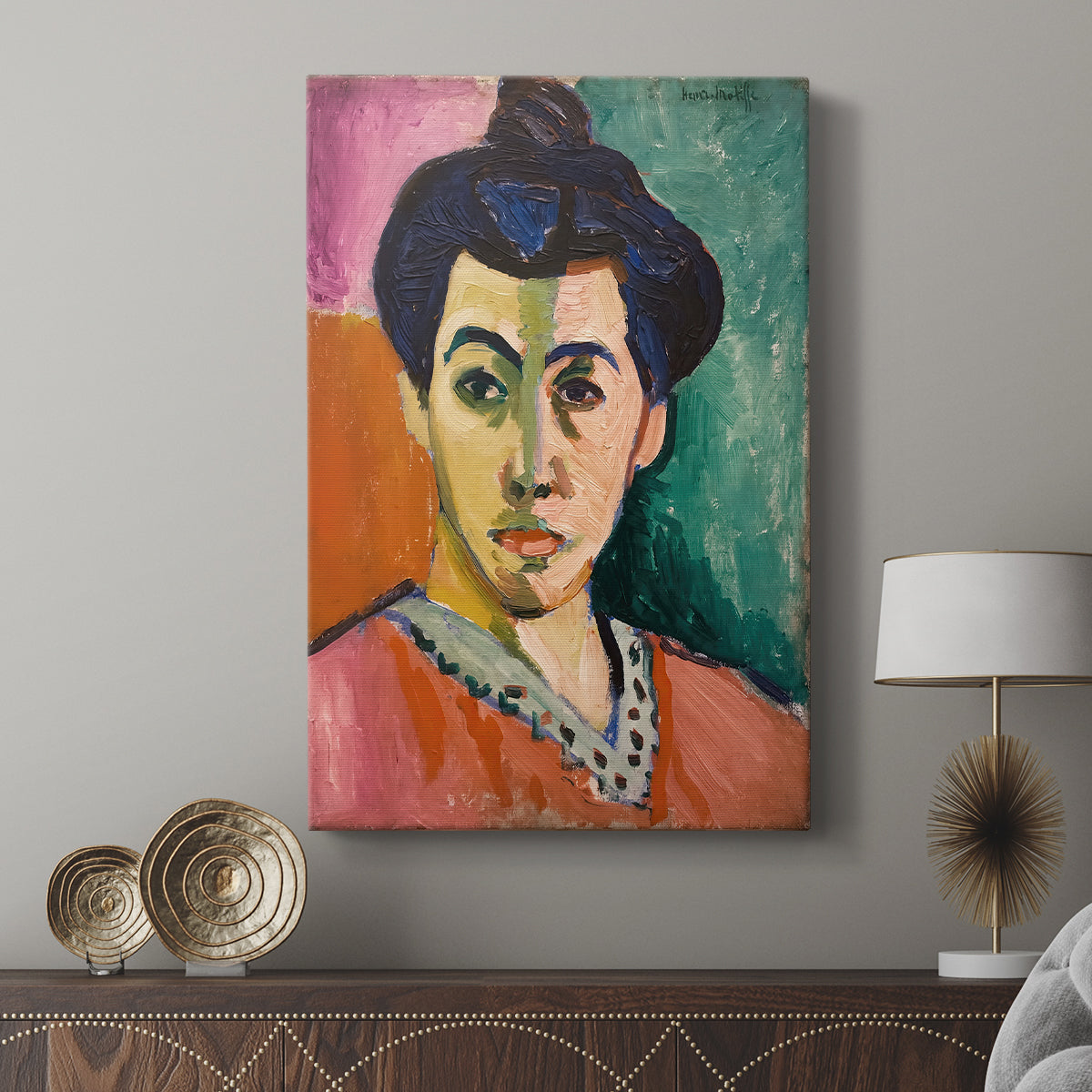 Canvas art print featuring a modern portrait with vivid tones and expressive brushwork displayed in a modern interior space.