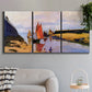 Three-panel canvas wall art featuring stone breakwater at low tide, displayed in a modern living room above a sofa.