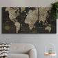 Three-panel canvas wall art featuring illustrated safari world map, displayed in a modern living room above a sofa.