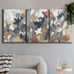 Three-panel canvas wall art featuring abstract flower stand composition, displayed in a modern living room above a sofa.