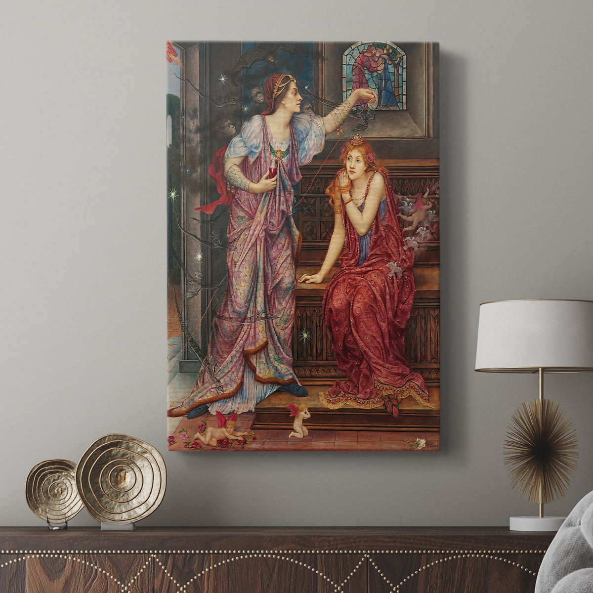 Canvas art print featuring a dramatic encounter between two women in vivid color displayed in a modern interior space.