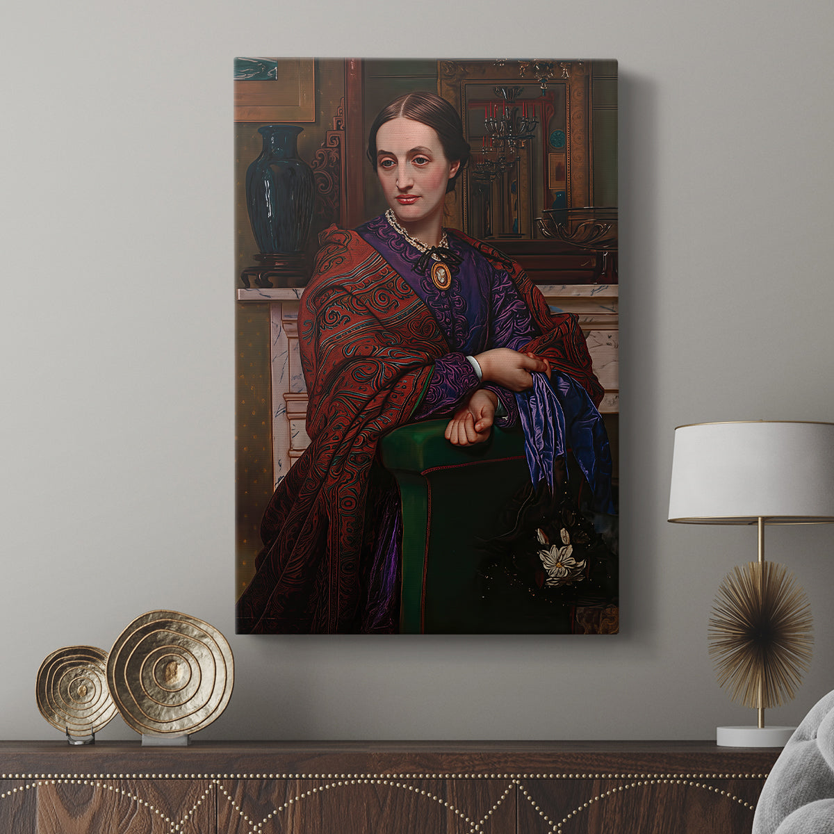 Canvas art print featuring a composed portrait with smooth shading and detail displayed in a modern interior space.