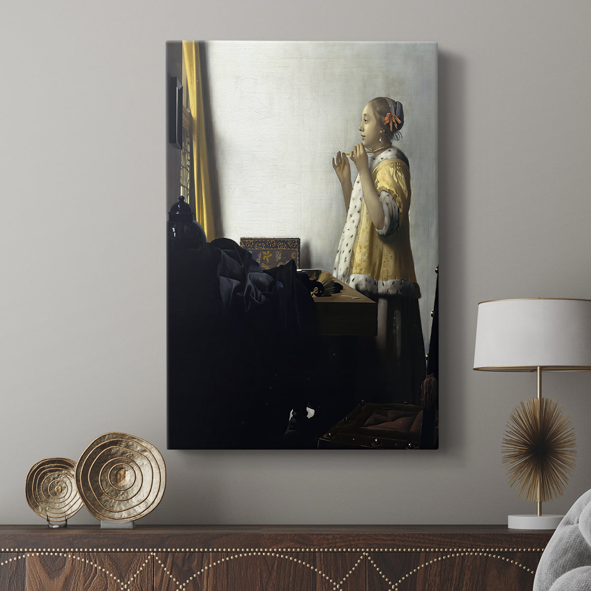 Canvas art print featuring a quiet interior with delicate detail and soft tones displayed in a modern interior space.