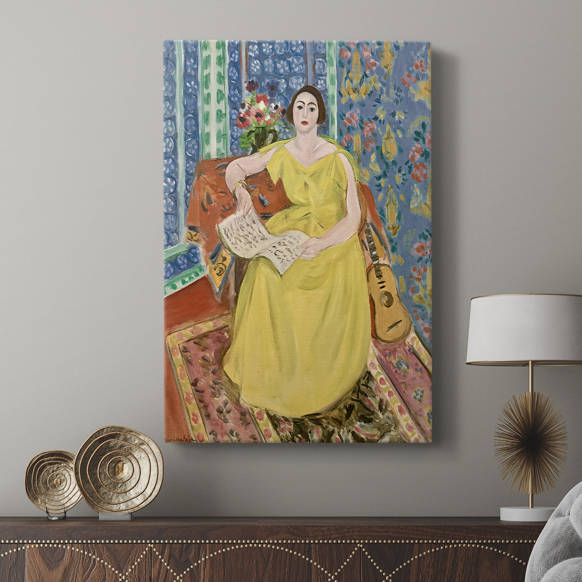 Canvas art print featuring a vivid portrait with flat color and decorative setting displayed in a modern interior space.