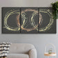 Three-panel canvas wall art featuring geometric abstract wave tangents, displayed in a modern living room above a sofa.