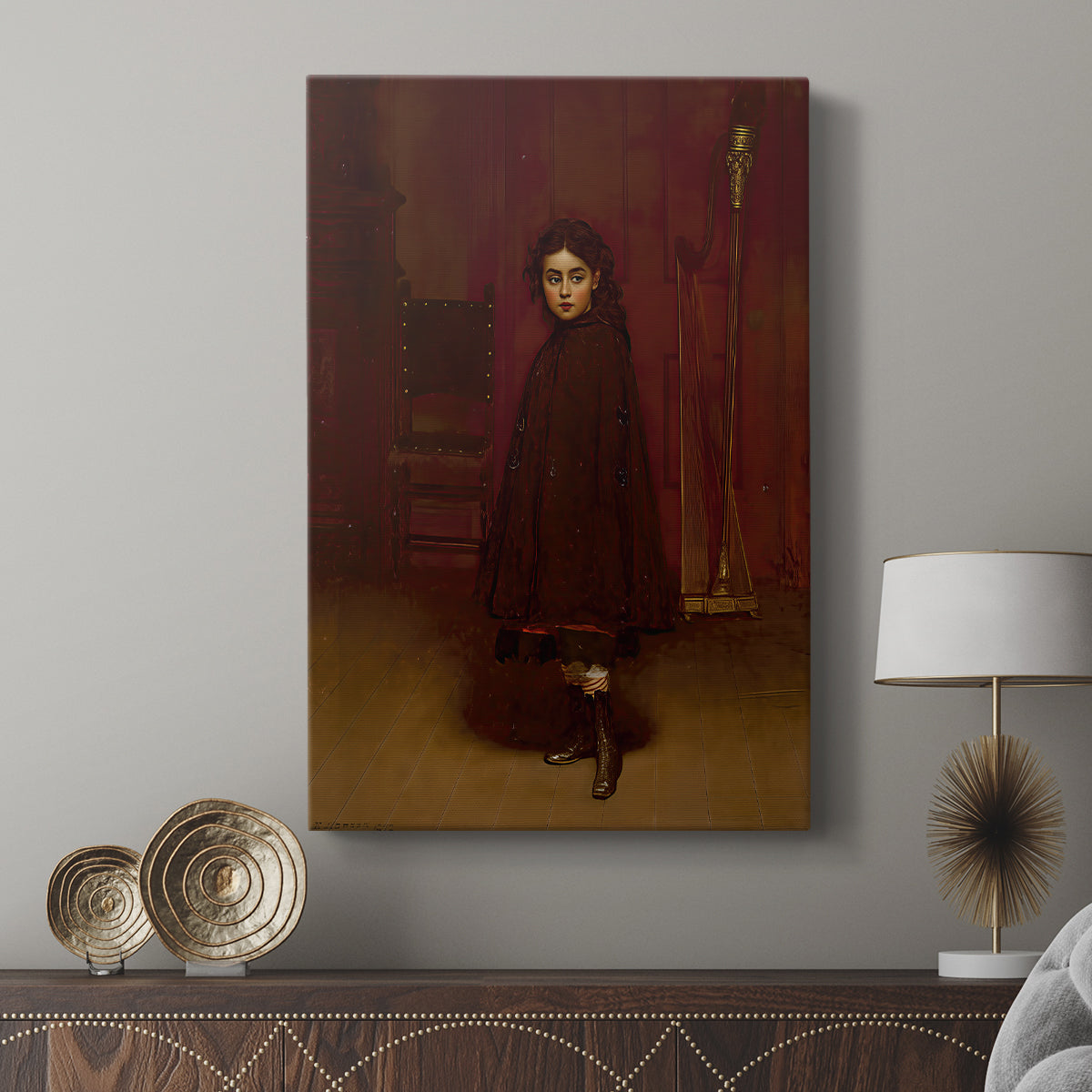Canvas art print featuring a quiet composition with a seated figure and delicate detail displayed in a modern interior space.
