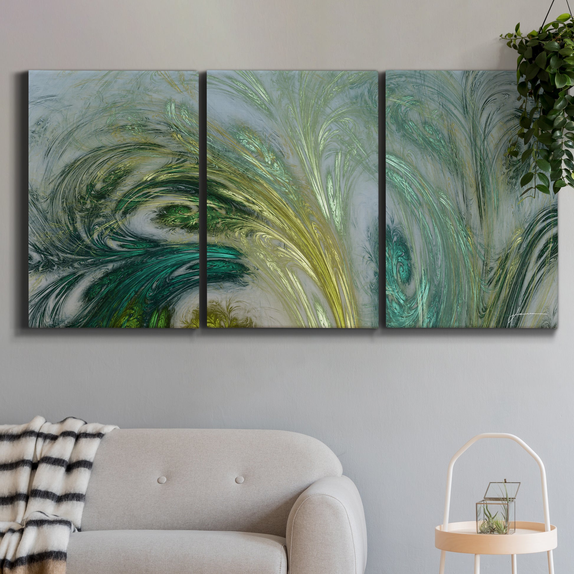 Three-panel canvas wall art featuring layered modern abstract landscape, displayed in a modern living room above a sofa.
