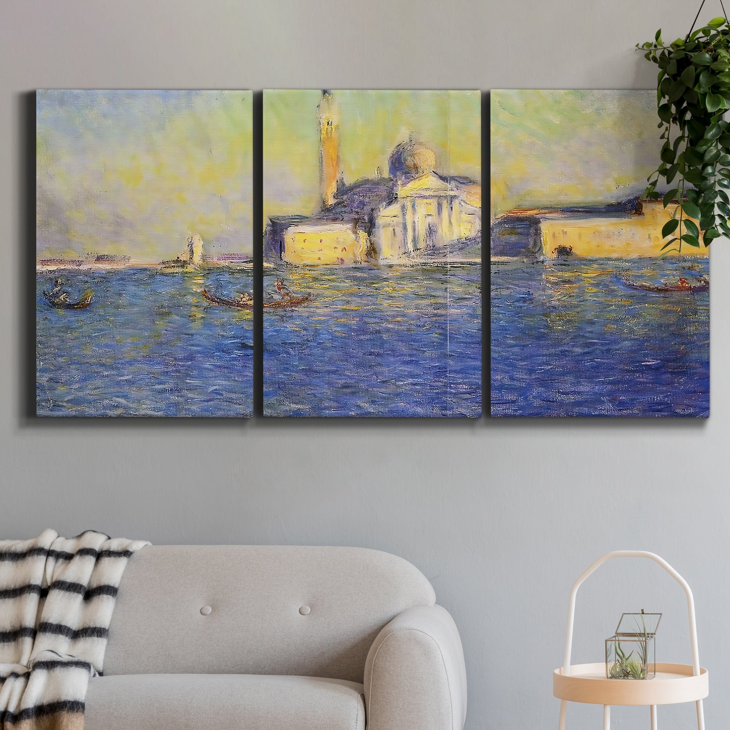 Three-panel canvas wall art featuring layered modern abstract color ribbons, displayed in a modern living room above a sofa.