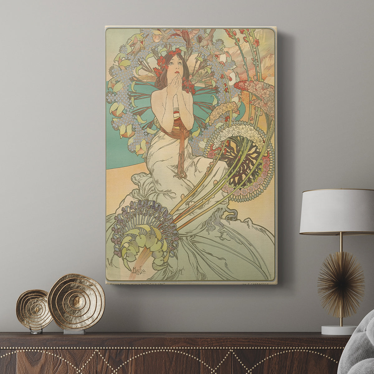 Canvas art print featuring a decorative poster with flowing lines and soft tones displayed in a modern interior space.