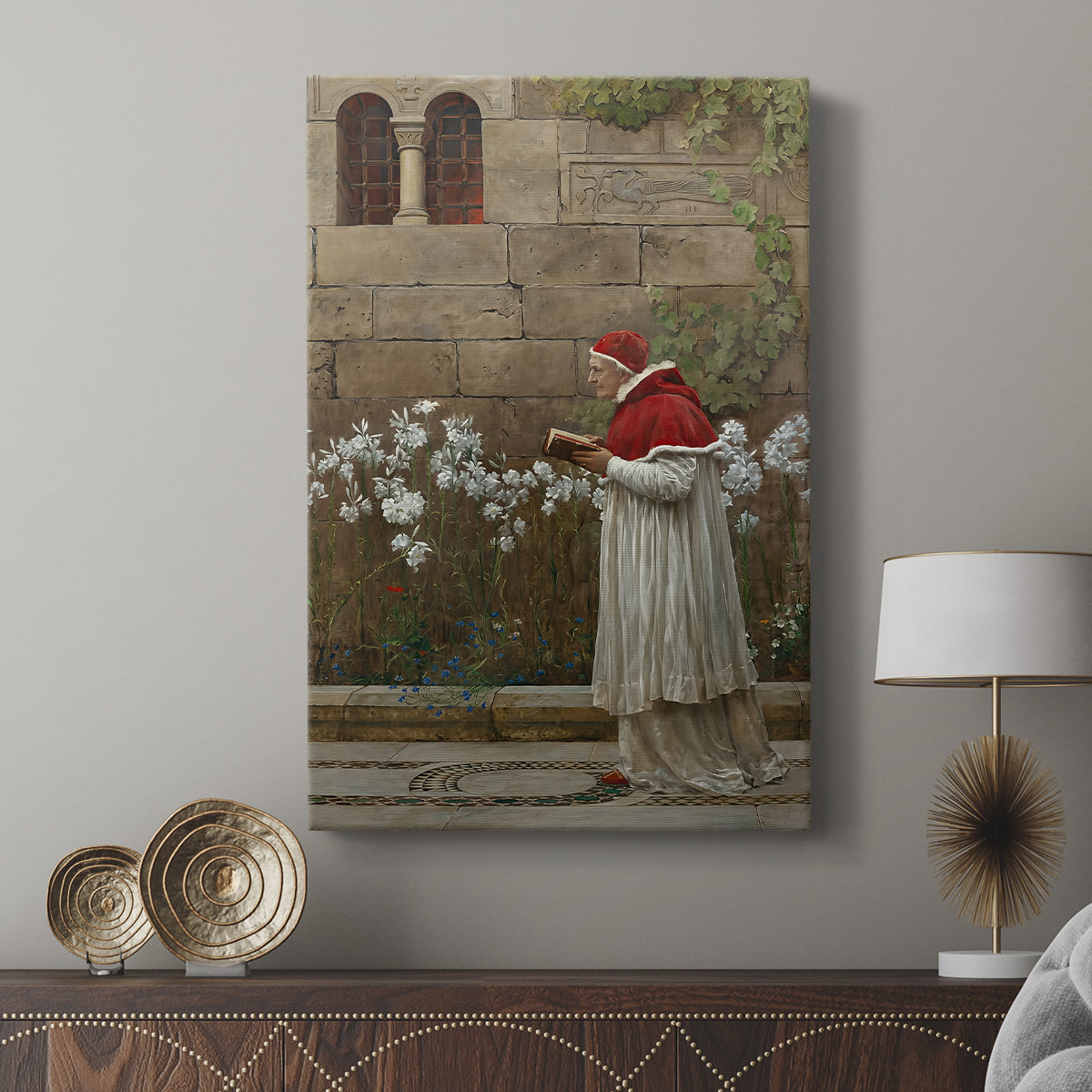 Canvas art print featuring a refined portrait with strong vertical presence and detail displayed in a modern interior space.