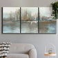Three-panel canvas wall art featuring glowing abstract city lights, displayed in a modern living room above a sofa.