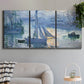 Three-panel canvas wall art featuring sailboats racing on river, displayed in a modern living room above a sofa.