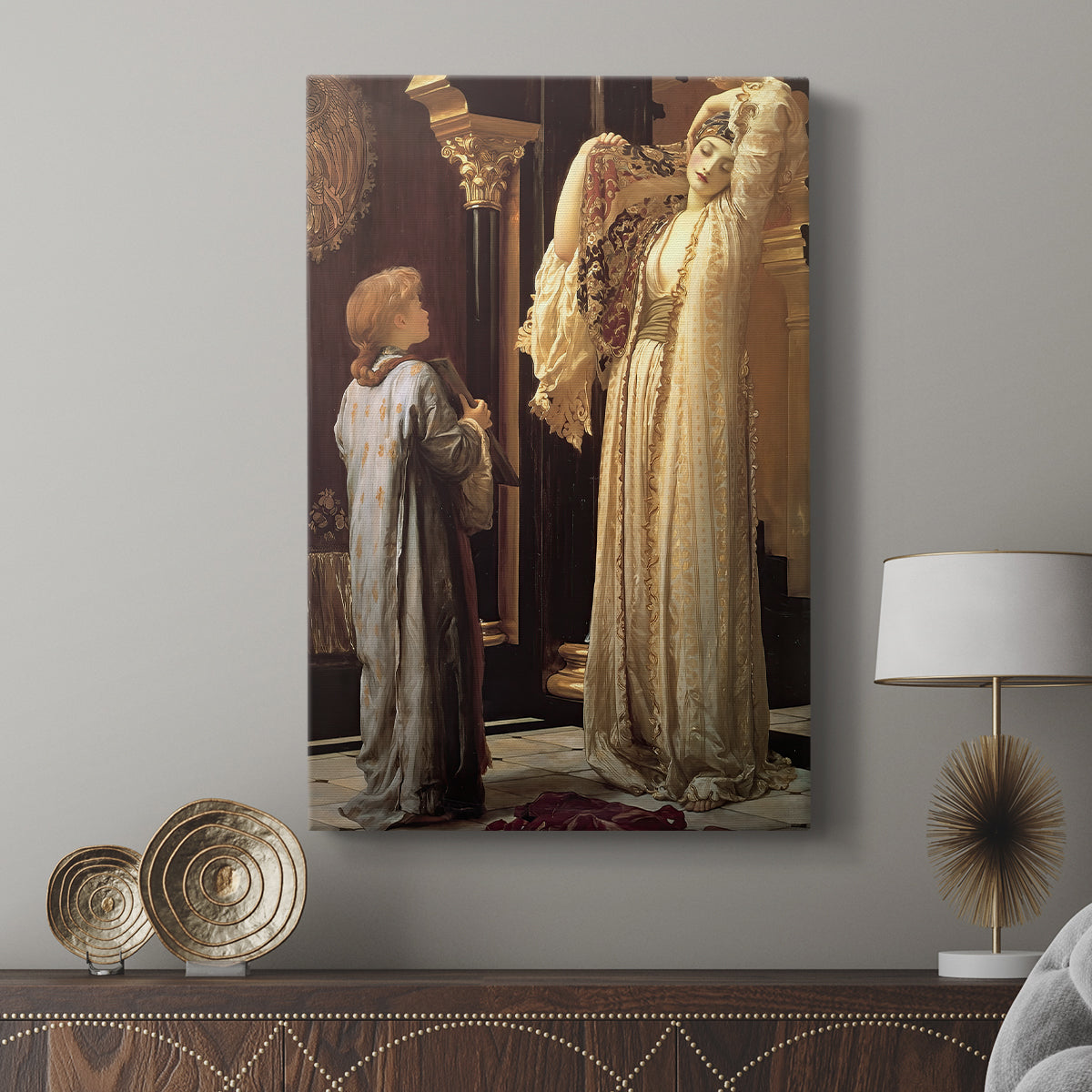 Canvas art print featuring a warm-toned composition with relaxed poses and drapery displayed in a modern interior space.