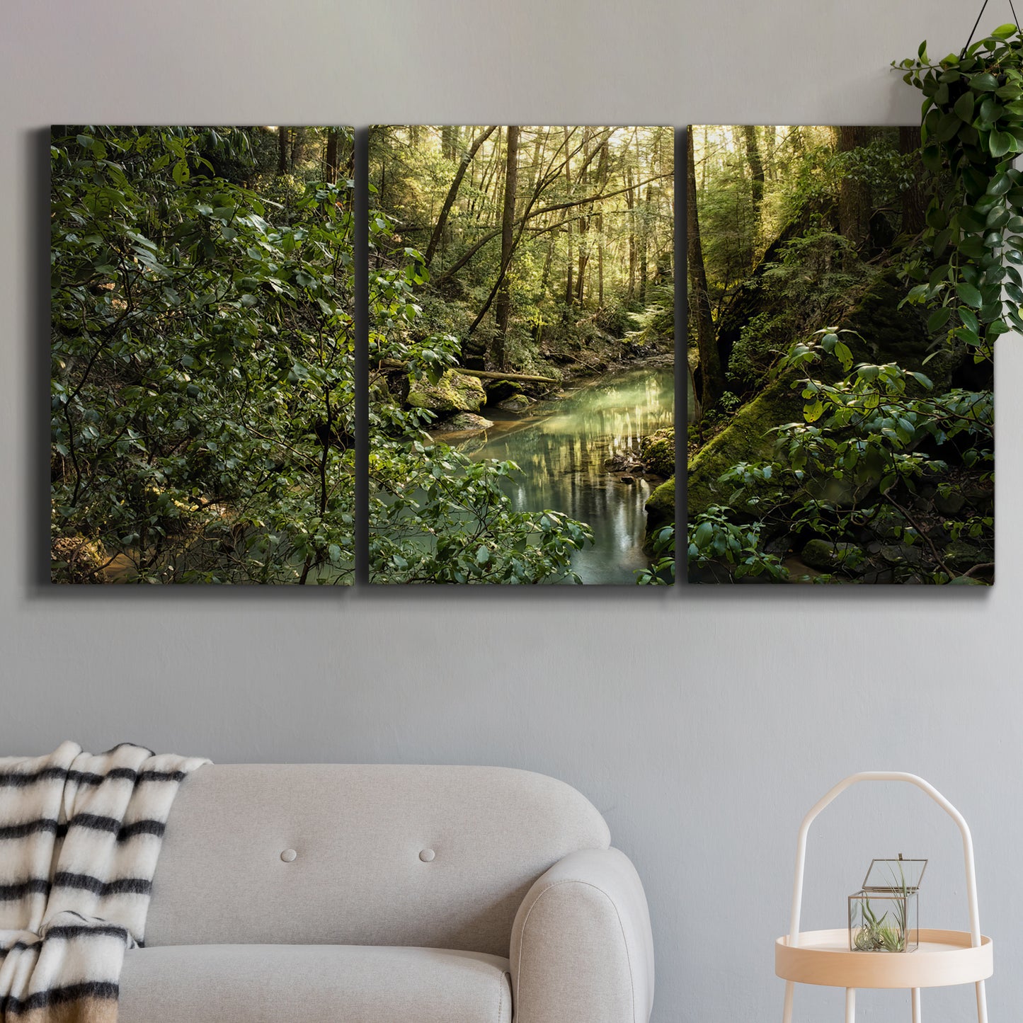 Three-panel canvas wall art featuring sun filtered woodland photograph, displayed in a modern living room above a sofa.