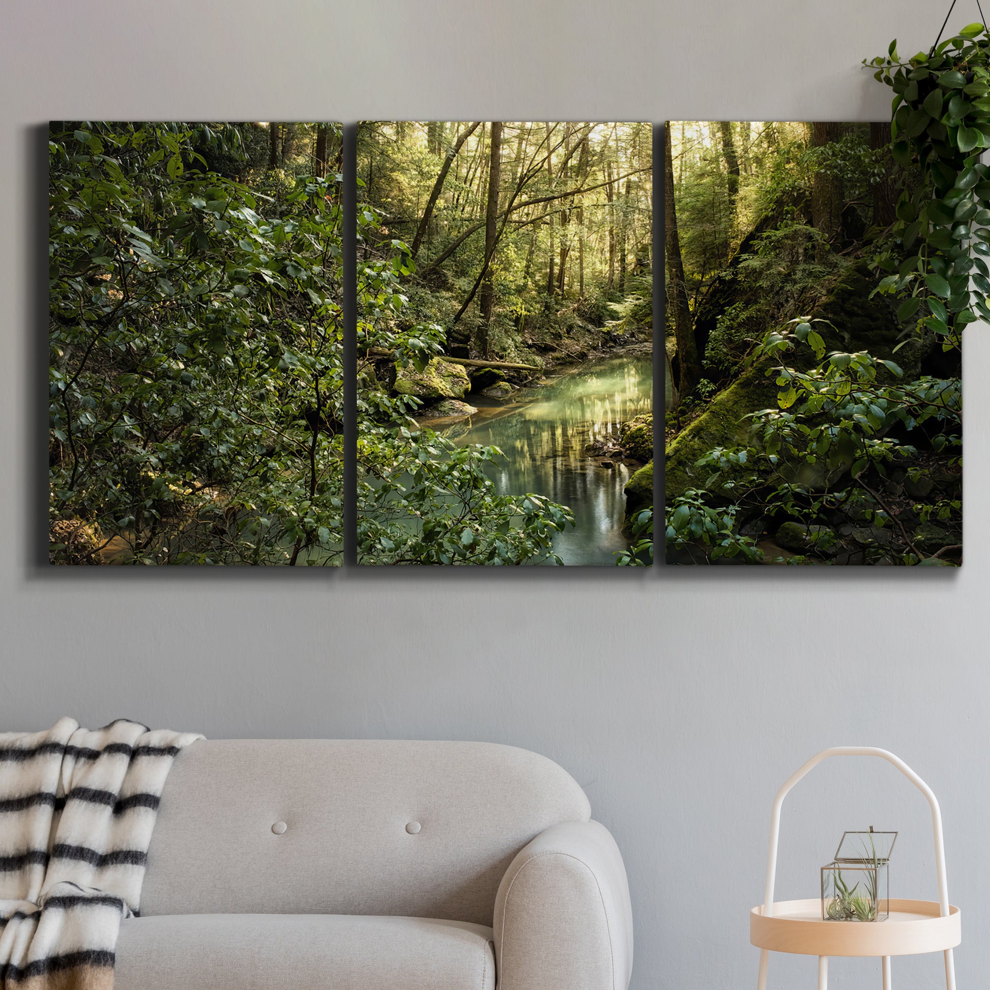 Three-panel canvas wall art featuring sun filtered woodland photograph, displayed in a modern living room above a sofa.