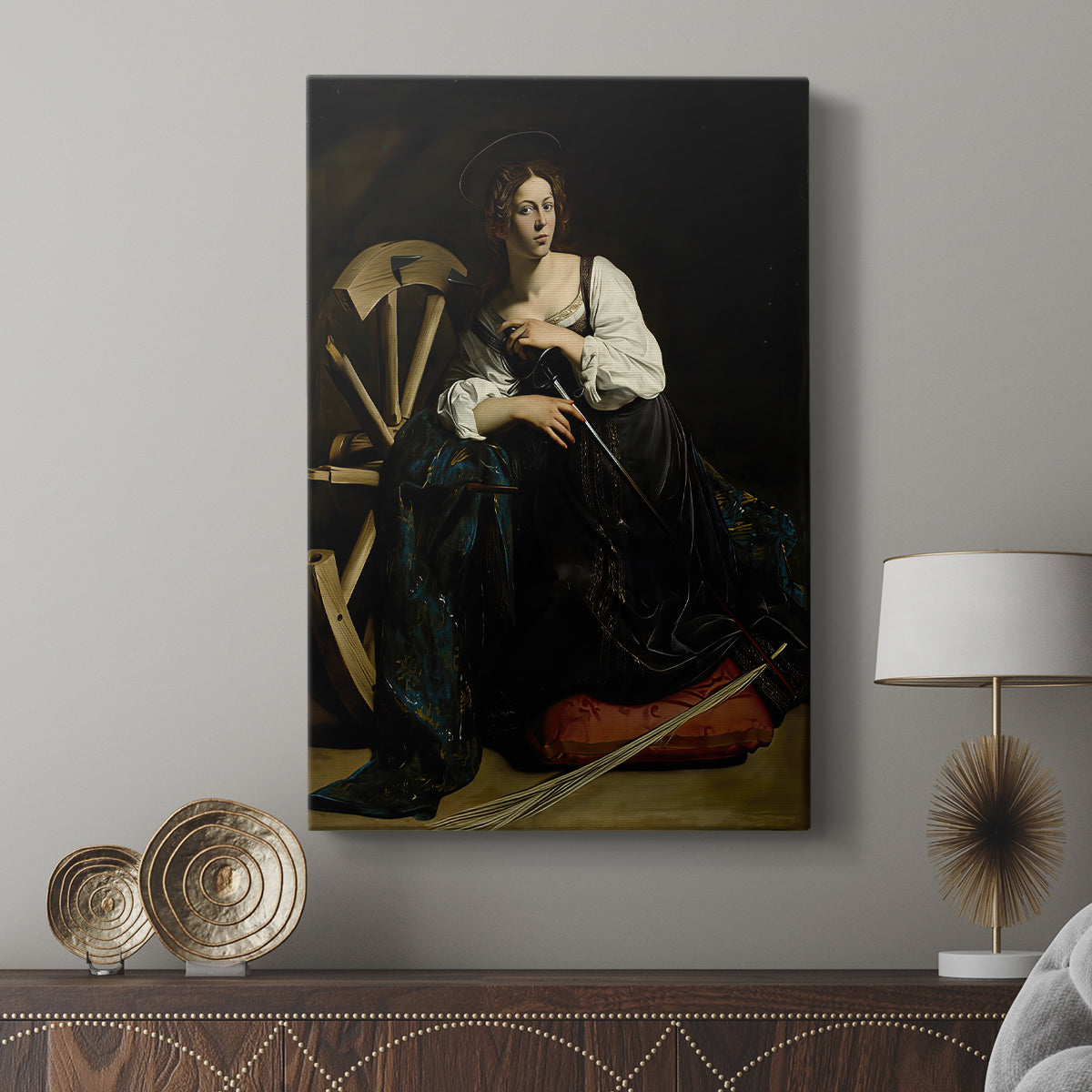 Canvas art print featuring a classical portrait with symbolic elements and strong contrast displayed in a modern interior space.