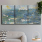 Three-panel canvas wall art featuring sparkling abstract sea surface, displayed in a modern living room above a sofa.