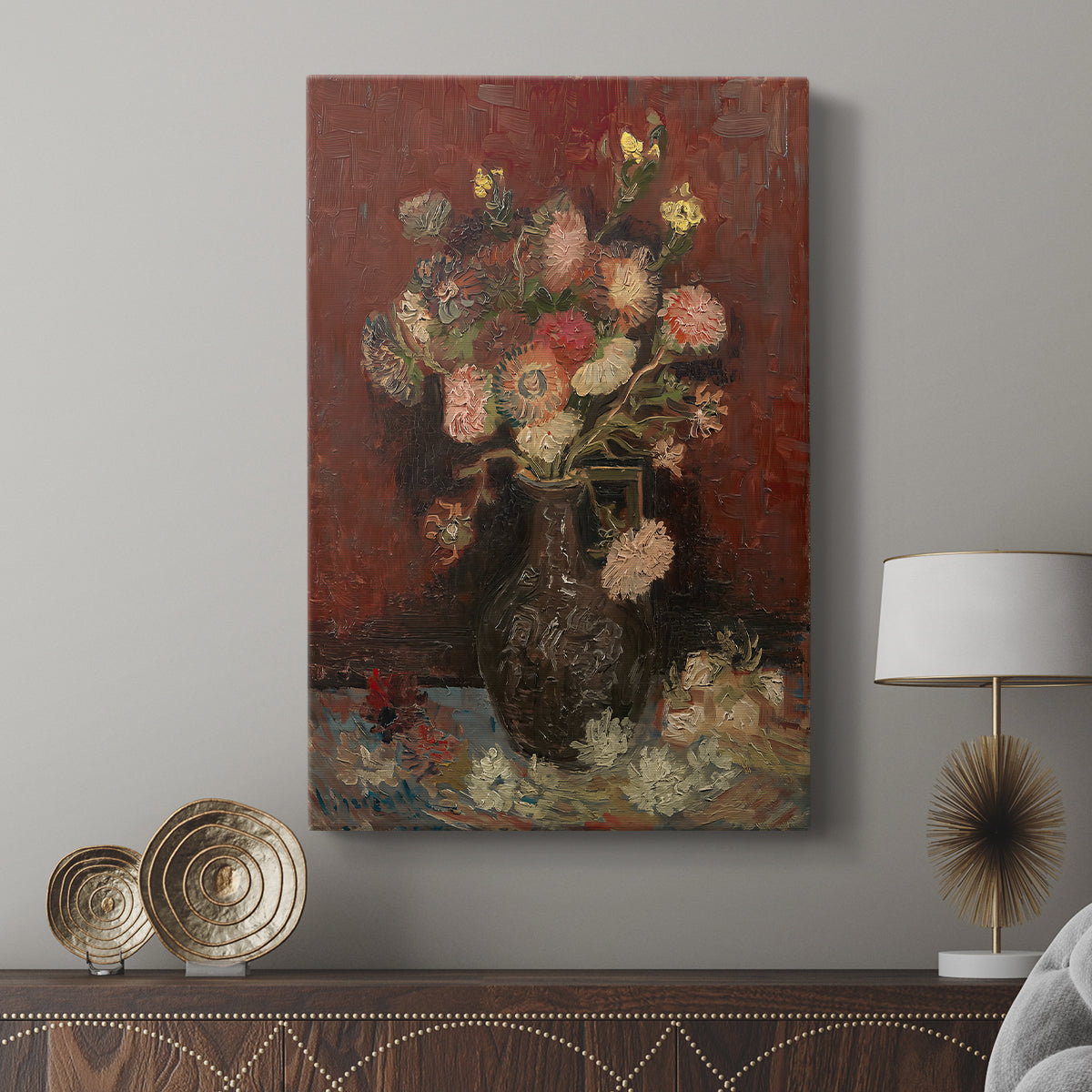 Canvas art print featuring a stylized composition with rich tones and visible brushwork displayed in a modern interior space.