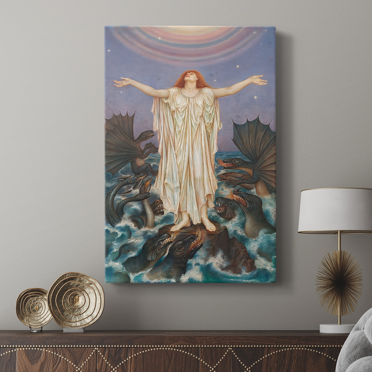 Canvas art print featuring a spiritual scene with movement and expressive gestures displayed in a modern interior space.