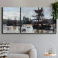 Three-panel canvas wall art featuring harbor scene with boats and quays, displayed in a modern living room above a sofa.