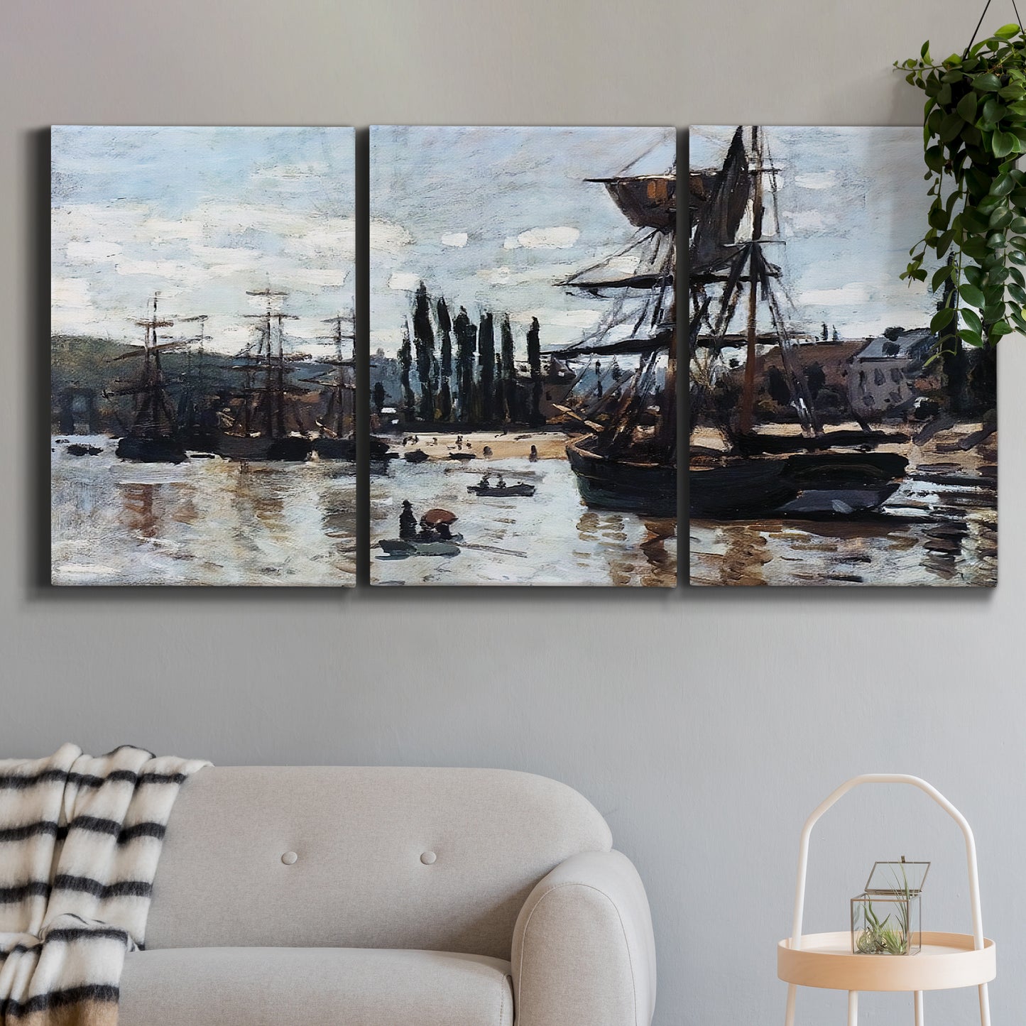 Three-panel canvas wall art featuring harbor scene with boats and quays, displayed in a modern living room above a sofa.